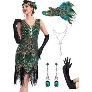 Women Flapper Dress 1920s Sequin Fringe Gatsby Costume Accessories Set